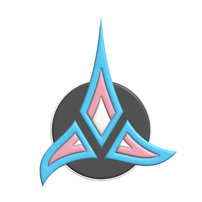 A Klingon emblem in transgender pride colours.